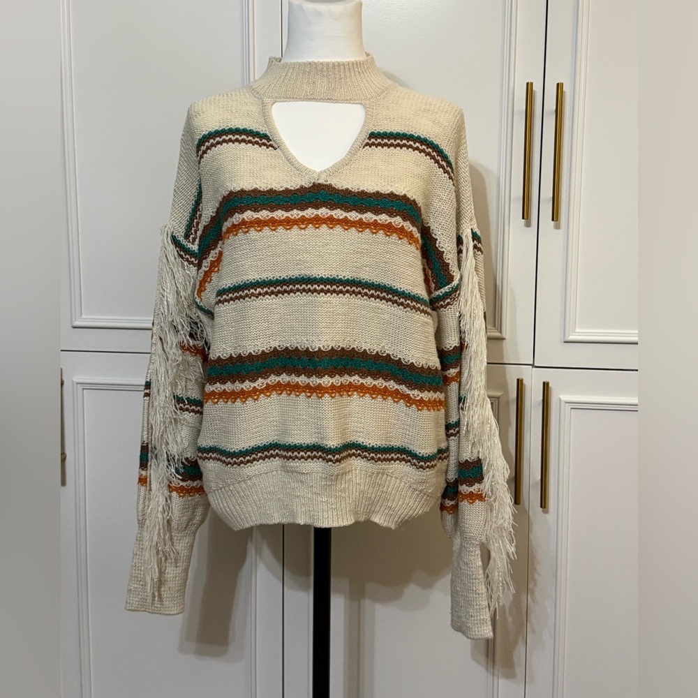 Leaving closet soon! Cato Multicolor Fringe Sleeve Sweater Size Large